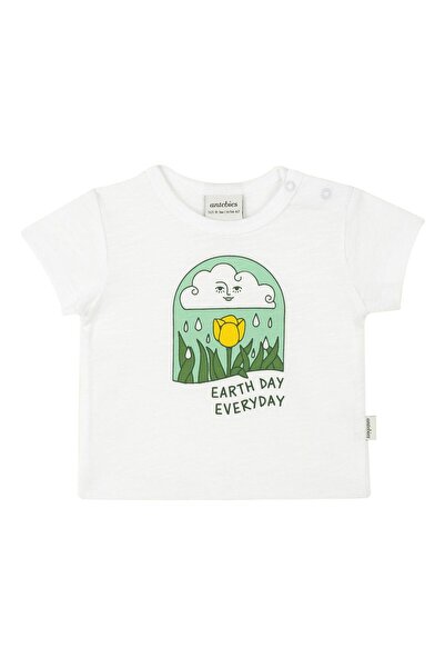 Antebies Organic White Earth Day Printed Short Sleeve Girl Boy Baby Tshirt