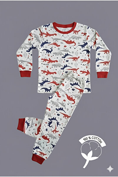 MADALİNA Set de pijamale pentru băieți, bumbac 100% piese, roșu, Dinozaur cu ...