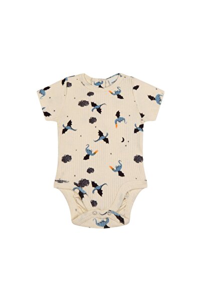 Antebies Organic Beige Dragon Patterned Snap Fastener Short Sleeve Baby Boy B...