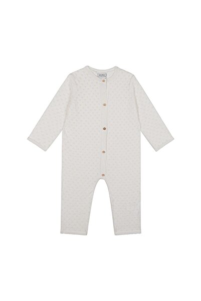 Antebies Beyaz Jakarlı Tahta Düğmeli Triko Uzun Kollu Kız Bebek Patiksiz Tulum