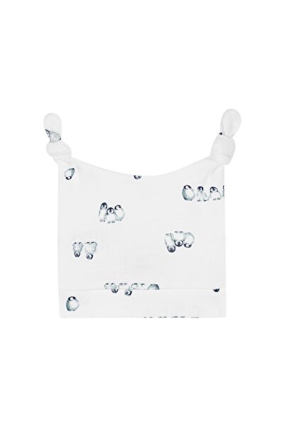 Antebies Organic White Penguin Island Patterned Tie-Up Baby Boy Hat