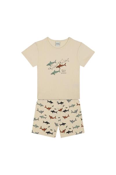 Antebies Organic Cream Shark Patterned Elastic Waist T-Shirt Shorts Boys Paja...
