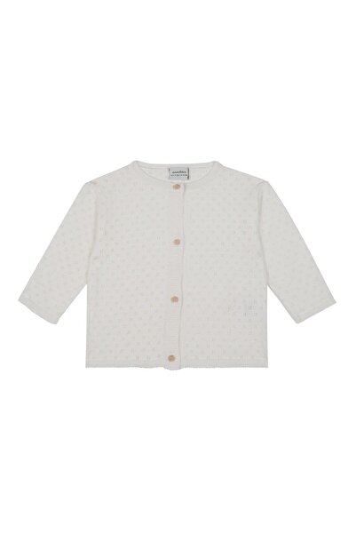 Antebies Beyaz Jakarlı Tahta Düğmeli Triko Kız Bebek Ceket