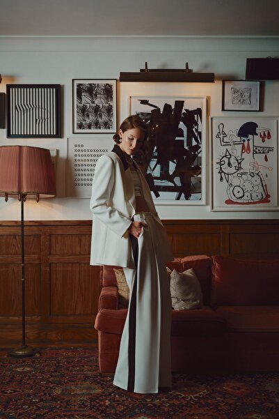 Sateen Kontrast Bol Pantolon - Ekru