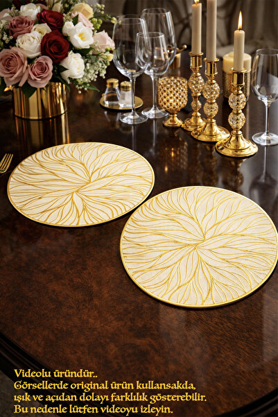 Emsay Store Krem Gold Desenli Supla –2’li Set - Lüks & Modern Sofra Sunumu- A...