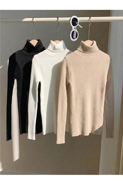 gloryfasion المرأة البيج بروتيل تريكو عالي الجودة الياقة المدورة سترة الشتاء