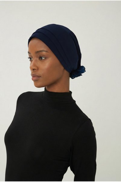 elysianfidan Layered Navy Blue Ready-To-Wear Turban Hijab with Organza Roses on the Back, Suitable for Medical Use