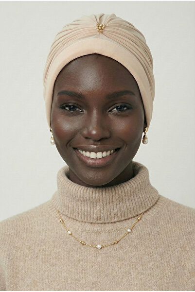 fidan bone Incili - Inci Işlemeli Bej Hazır Türban Tesettür Bone Medikal Kull...