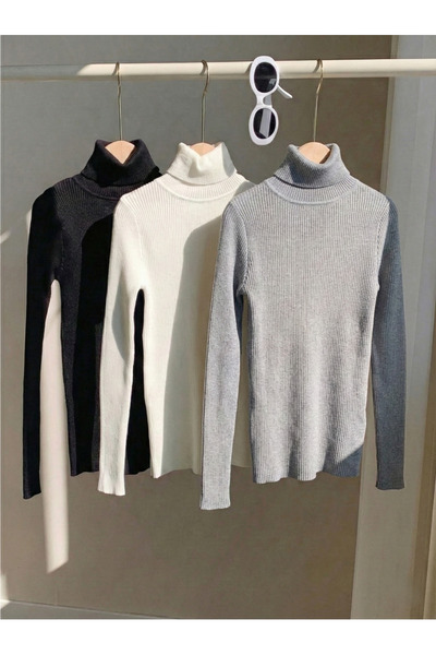 gloryfasion Siyah Kadın Kaşkorse Triko Boğazlı Balıkçı Yaka Kışlık Kazak