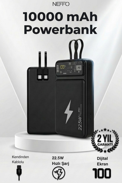 NEFFO 10000 mAh Dahili Kablolu Powerbank – 22.5W Hızlı Şarj, Dijital Ekran, Ç...