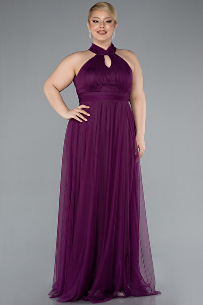 Abiyefon Mürdüm Halter Yaka Uzun Büyük Beden Abiye ABU3253