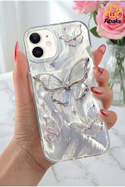 Fibaks Apple iPhone 12 - 12 Pro Kılıf Parlak Hologramlı Kelebek Desenli Darbe...