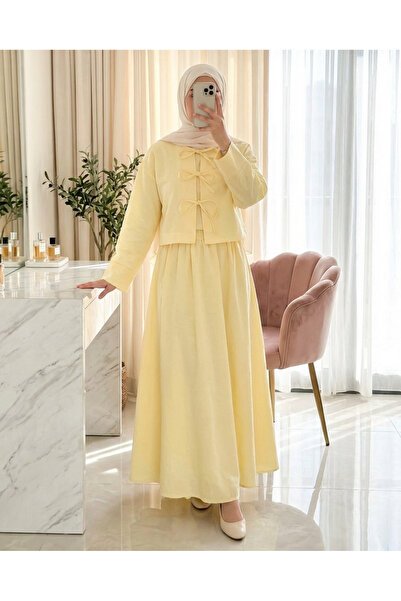 Modamorfo Önü Bağcıklı Beli Lastikli Etekli Keten Takım -Sarı