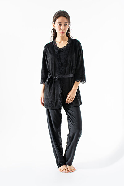 Ecrou Women's Black Soft Velvet Rope Strap Three Quarter Sleeve Trousers 3 Pi...