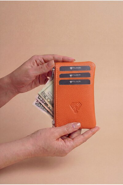 Fil Deri Genuine Leather Zippered Mini Coin Compartment Women's Orange Color ...