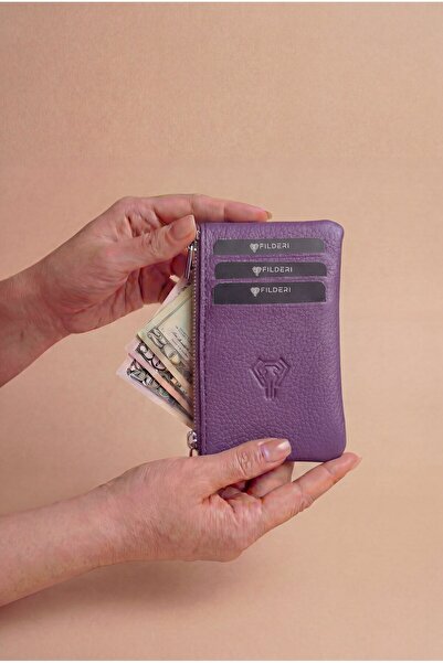 Fil Deri Γνήσιο δέρμα - Μίνι θήκη για κέρματα με φερμουάρ - Μωβ Χρώμα Γυναικε...