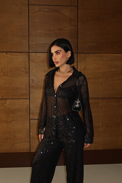 Thil قميص نسائي طويل الأكمام مزين بالترتر 2415-THL