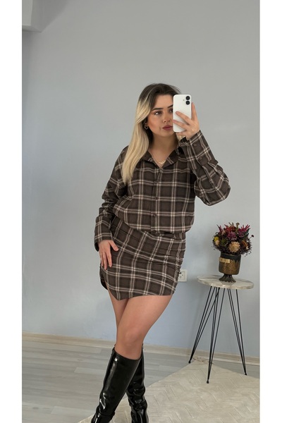 ElifÇakıl Ekoseli Kahverengi Gömlek Elbise