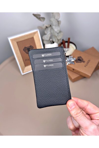 Fil Deri Genuine Leather Zippered Mini Card Holder with Coin Compartment, Black Color 2126