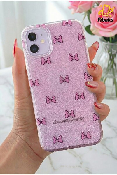 Fibaks Apple iPhone 12/12 Pro Uyumlu Kılıf Mor Simli Fiyonk Desenli Renkli Pa...