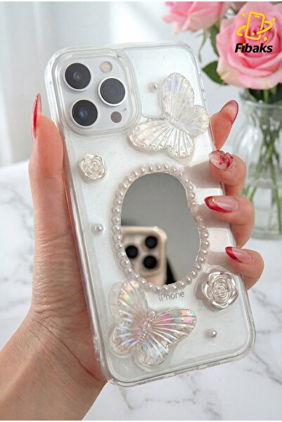 Fibaks iPhone 11 Pro Max Kılıf 3D Kelebek Gül Desenli Aynalı Simli Şeffaf Tas...