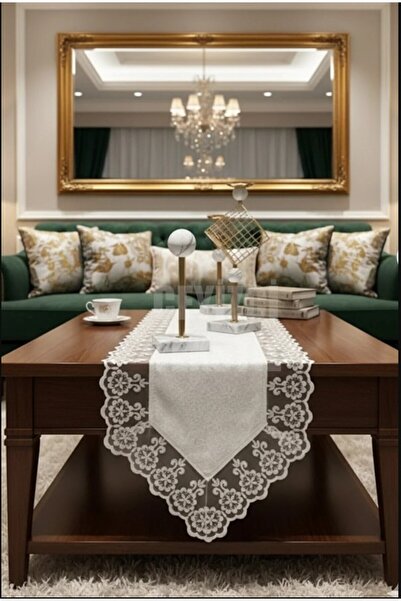 Çt Çeyizci Tekstil Velvet Lace Detailed Runner 140X40Cm Cream