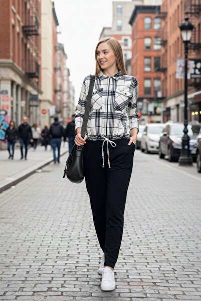 Cotpark Γυναικείο βαμβακερό καρό πουκάμισο και πλεκτό παντελόνι σετ 22025