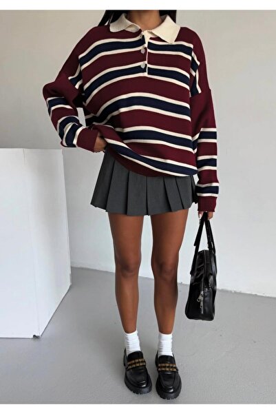 Be Best Pulover cu dungi pentru femei, cu guler polo, bordeaux BE173