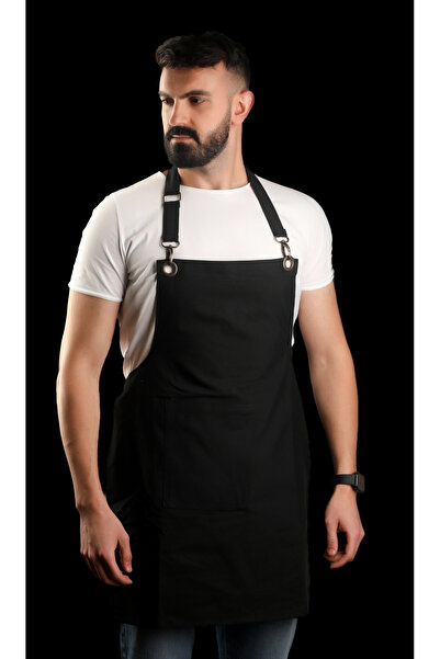 Genel Markalar Siyah Keten Logolu Mutfak & Barista & Güzellik Salonu Önlüğü