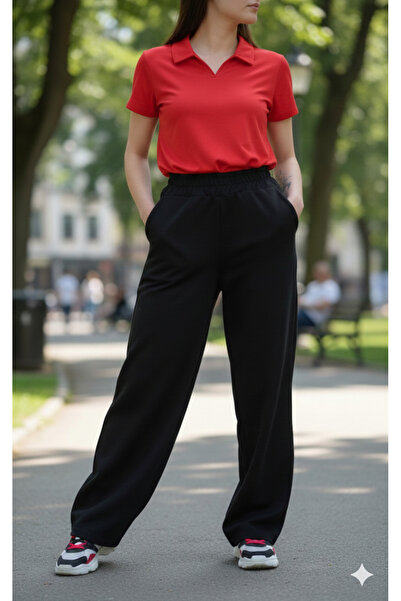 BKY بنطال رياضي أسود عالي الخصر فضفاض للنساء