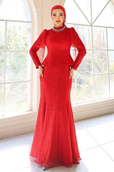 Olcay Necklace Detailed Fish Model Lace Hijab Evening Dress Red 1058