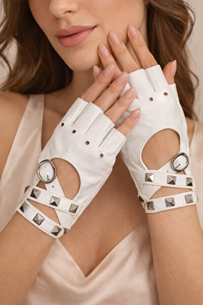 SE Jewellery Collection Selin Ersoy Zımbalı Beyaz Punk Stil Deri Eldiven – Ay...