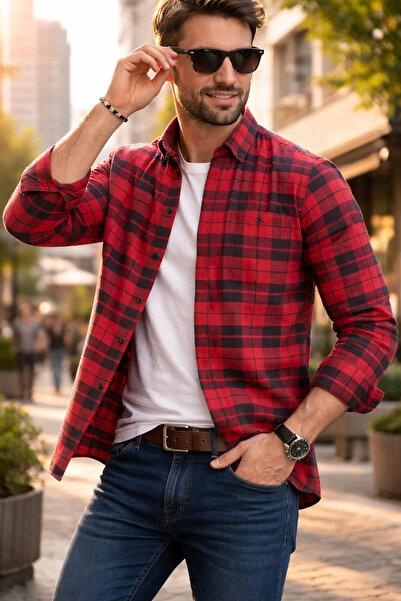 Varetta Cămașă roșie de iarnă pentru bărbați, cu carouri, cu buzunare din lân...