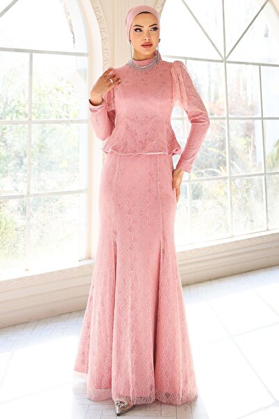 Olcay Kolye Detaylı Balık Model Dantel Tesettür Abiye Elbise PEMBE 1058