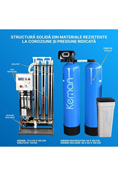 KEMAN Stație osmoză inversă 750 l/h + dedurizator duplex 75 l Keman, automată 24/24 pentru industrie