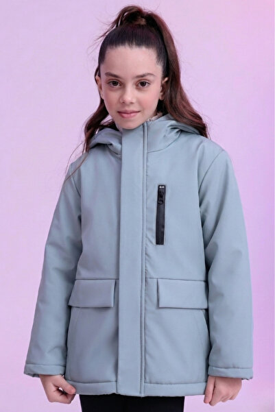 Gizrain Kız Çocuk Mint Yeşili İçi Kürklü Su ve Rüzgar Geçirmez Kapüşonlu Kışl...