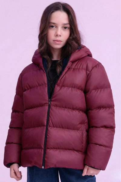 Gizrain Kız Çocuk Bordo Su ve Rüzgar Geçirmez İçi Polarlı Kapüşonlu Şişme Mont