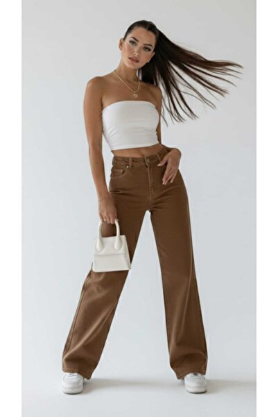 Livik My Women Brown Lycra Super High Waist Volné Jean Kalhoty. (super vysoká...