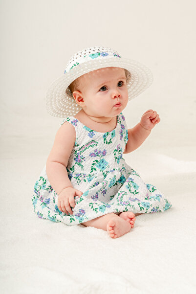 Chicsy Baby Tatlı Çiçek Desenli Şapkalı Fiyonklu Kız Bebek Elbisesi