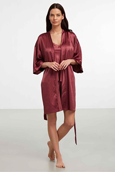 Kom Burgundy Kimono Collar Long Sleeve Mini Women's Dressing Gown Sofia Dress...