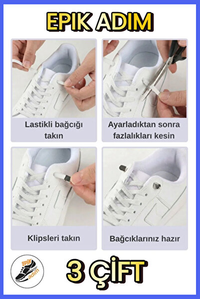EPİK ADIM Elastic Shoelaces with Metal Clips – Smart Laces, No Tie, White - B...