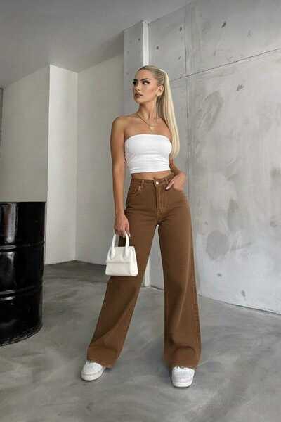 LİMABEL بنطال Ela Ikon ذهبي فضفاض من الدينيم، بني ليكرا بالازو