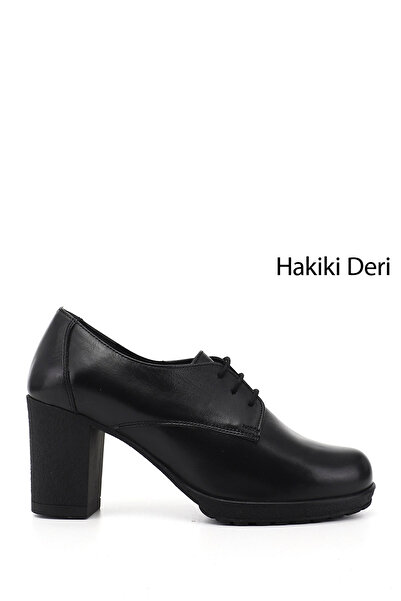 GÖNDERİ(R) حذاء نسائي أسود برباط وكعب سميك من الجلد الطبيعي