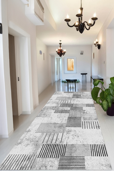 Decomia Home Dijital Kaymaz Yıkanabilir Modern Çizgili Gri Antrasit Salon Hal...