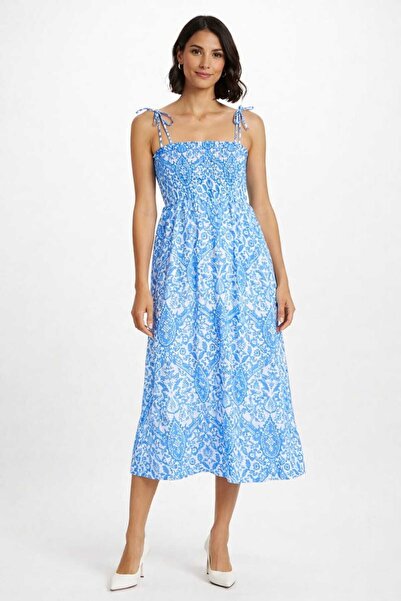 Butik İp Askılı Gipeli Desenli Mavi Yazlık Elbise
