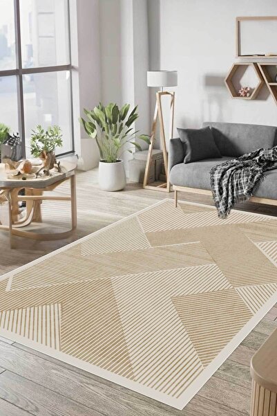 Decomia Home Digital Non-Slip Washable Modern Striped Mink Beige Living Room ...