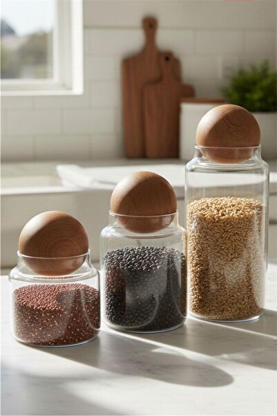 Bayev Favorite 999 3-Piece Jar Set with Top Lids - Glass Jar Set with Wooden ...