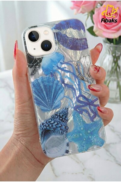 Fibaks حافظة آيفون 13/14/15 من السيليكون مع نمط صدفة البحر الأزرق الهولوغرامي...