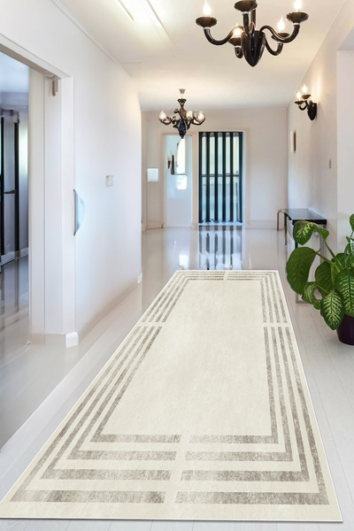 Decomia Home Dijital Kaymaz Yıkanabilir Bej Vizon Çerçeveli Salon Halısı Mutf...