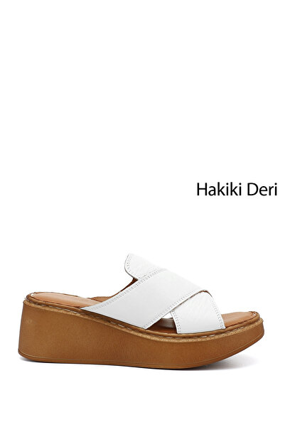 GÖNDERİ(R) Women's White Wedge Sole Genuine Leather Slippers